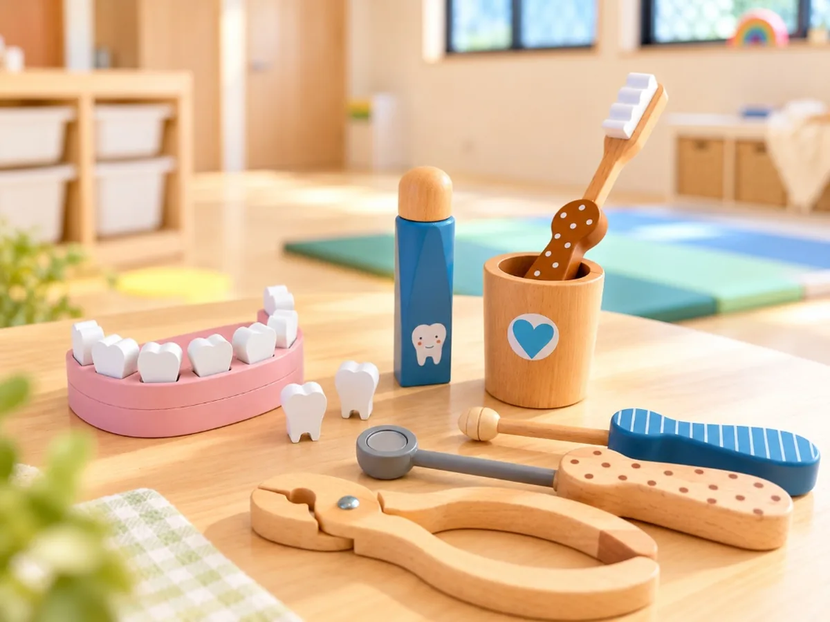 歯みがきを学ぶ木のおもちゃ(歯の模型・歯ブラシ・歯科器具)