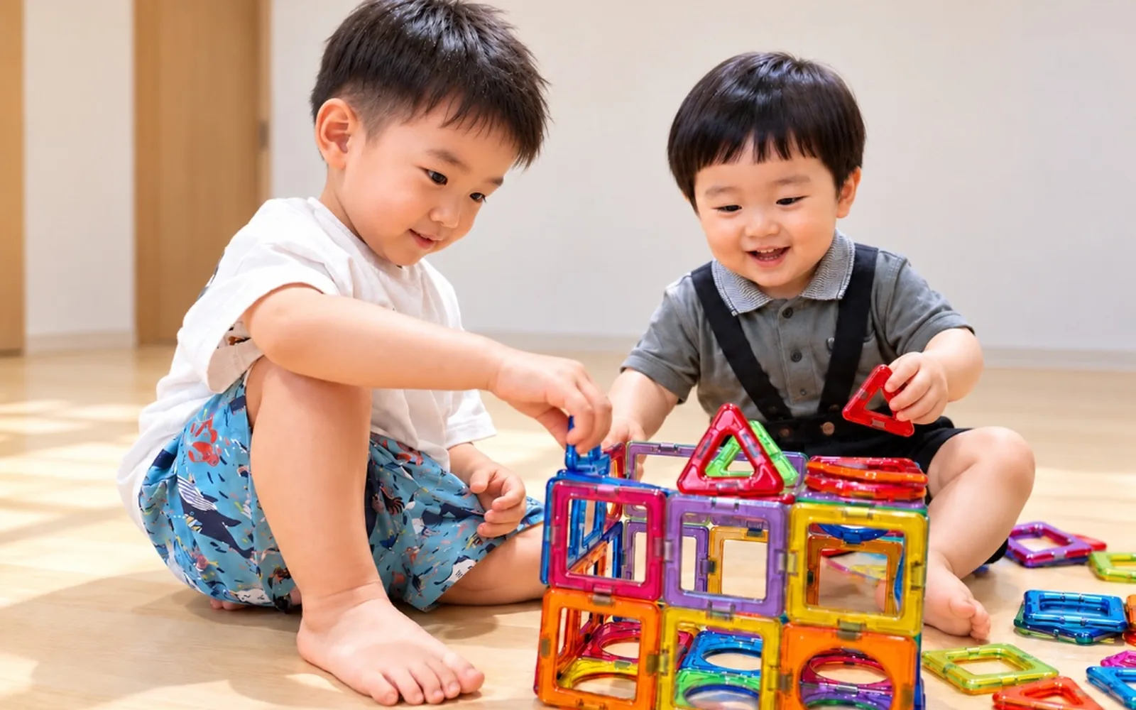 磁石ブロックを積み上げて一緒に遊ぶふたりのお子さま